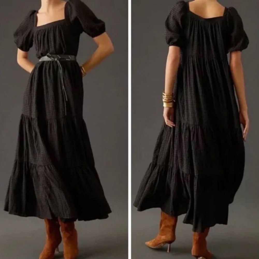 Anthropologie Black Maxi Dress Side Pockets Size Large